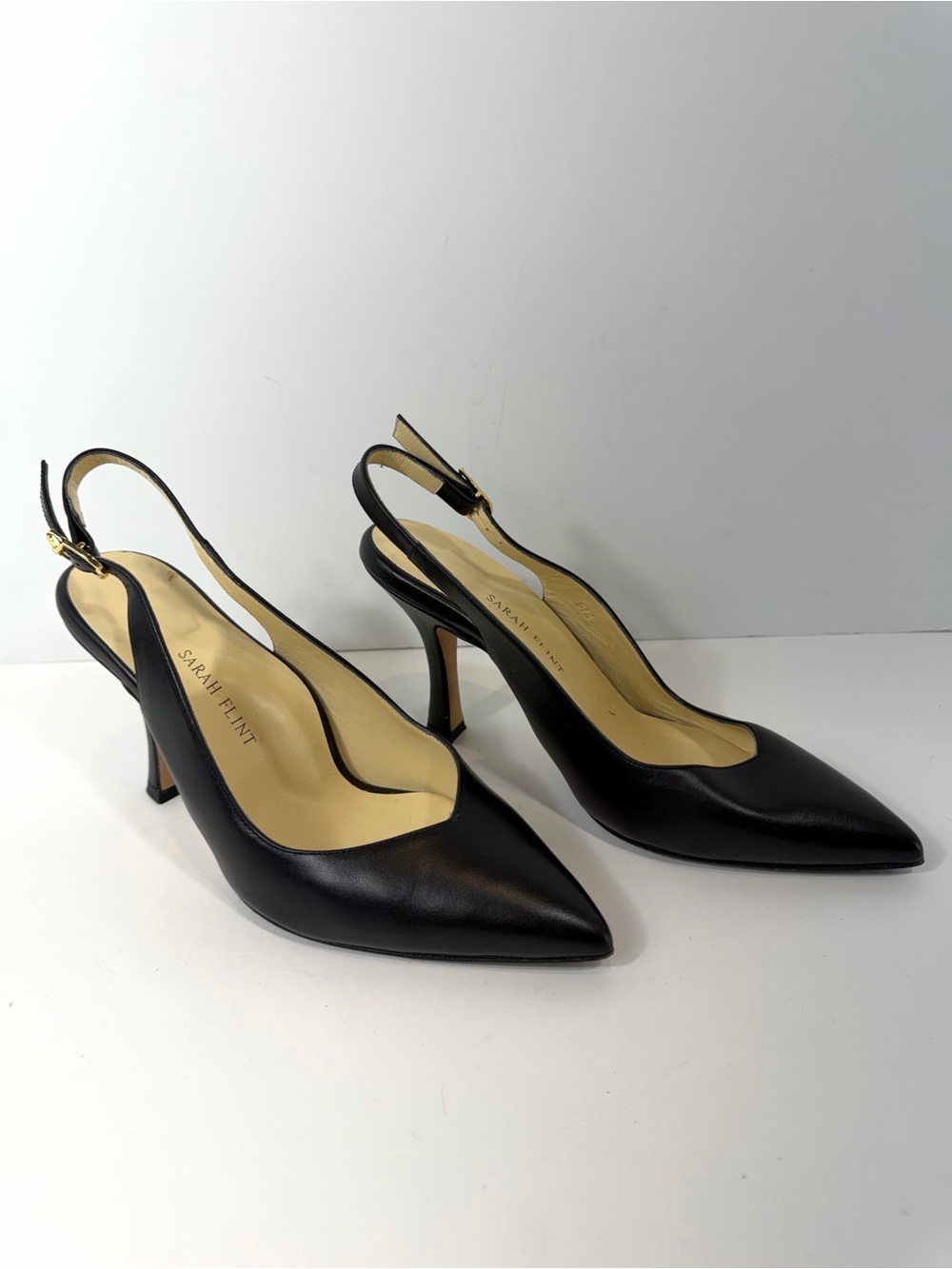 Sarah Flint Black Leather Pointed Toe Slingback Heels Pumps Size 38 Italy
